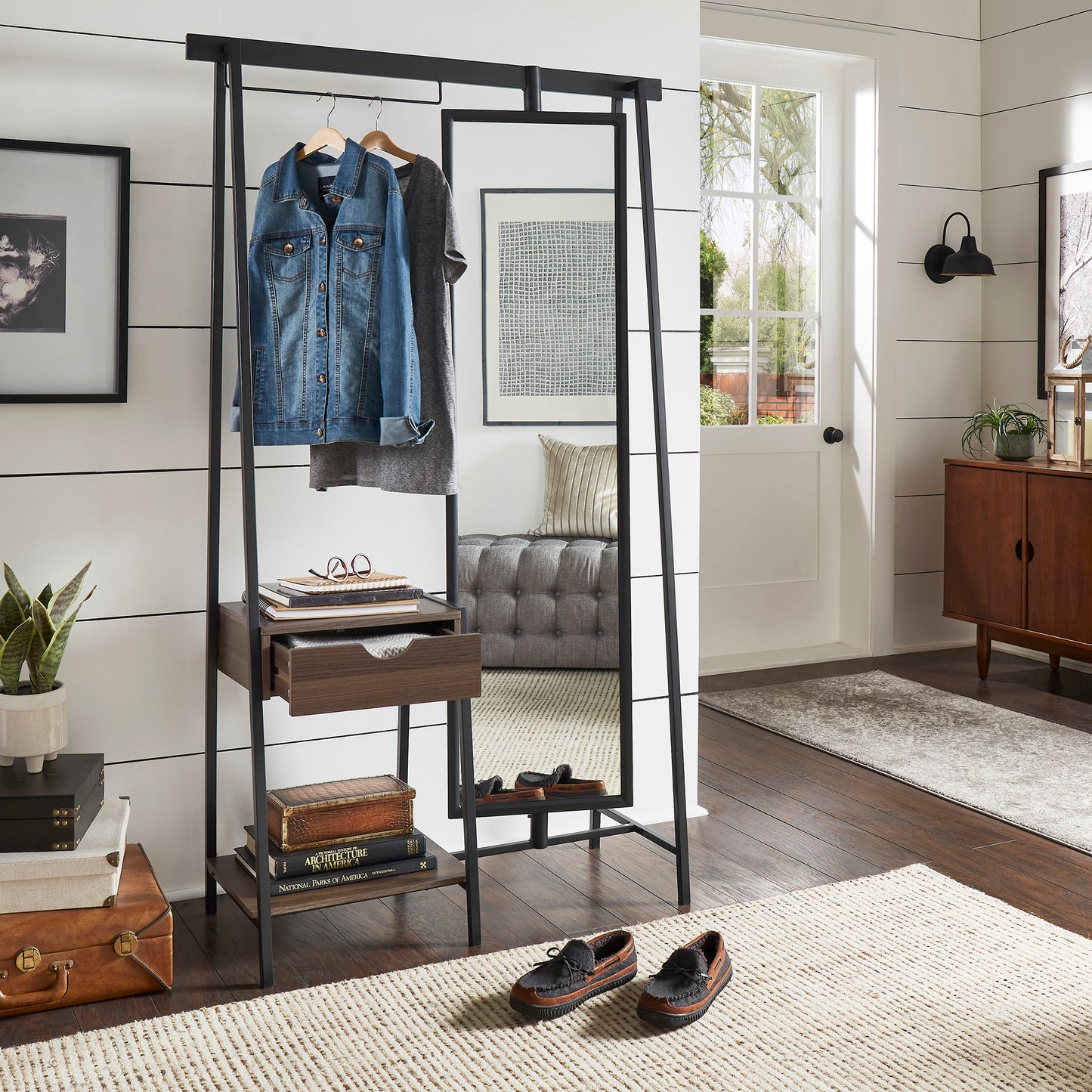 1-Drawer Metal Hall Tree with Mirror
