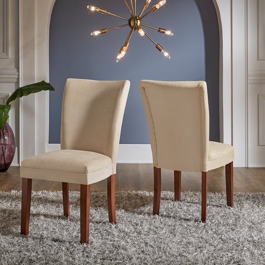 Upholstered Parsons Dining Chairs (Set of 2) - Cherry Finish, Light Brown Microfiber