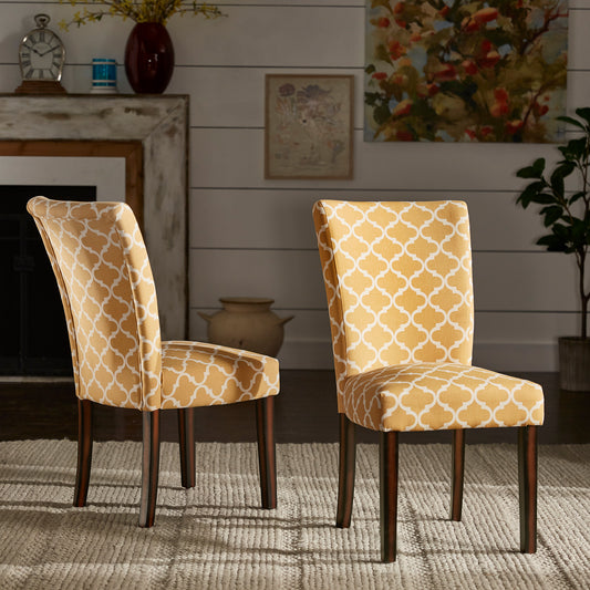 Moroccan Pattern Fabric Parsons Dining Chairs (Set of 2) - Espresso Finish, Banana Yellow
