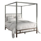 Metal Canopy Bed with Upholstered Headboard - Off-White Linen, Black Nickel Finish, Queen Size
