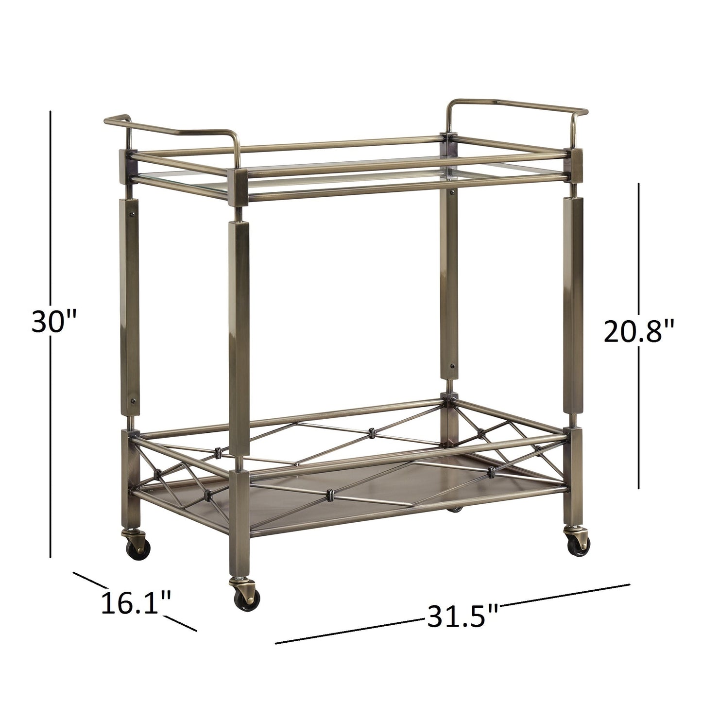 Antique Brass Metal Bar Cart with Glass Top
