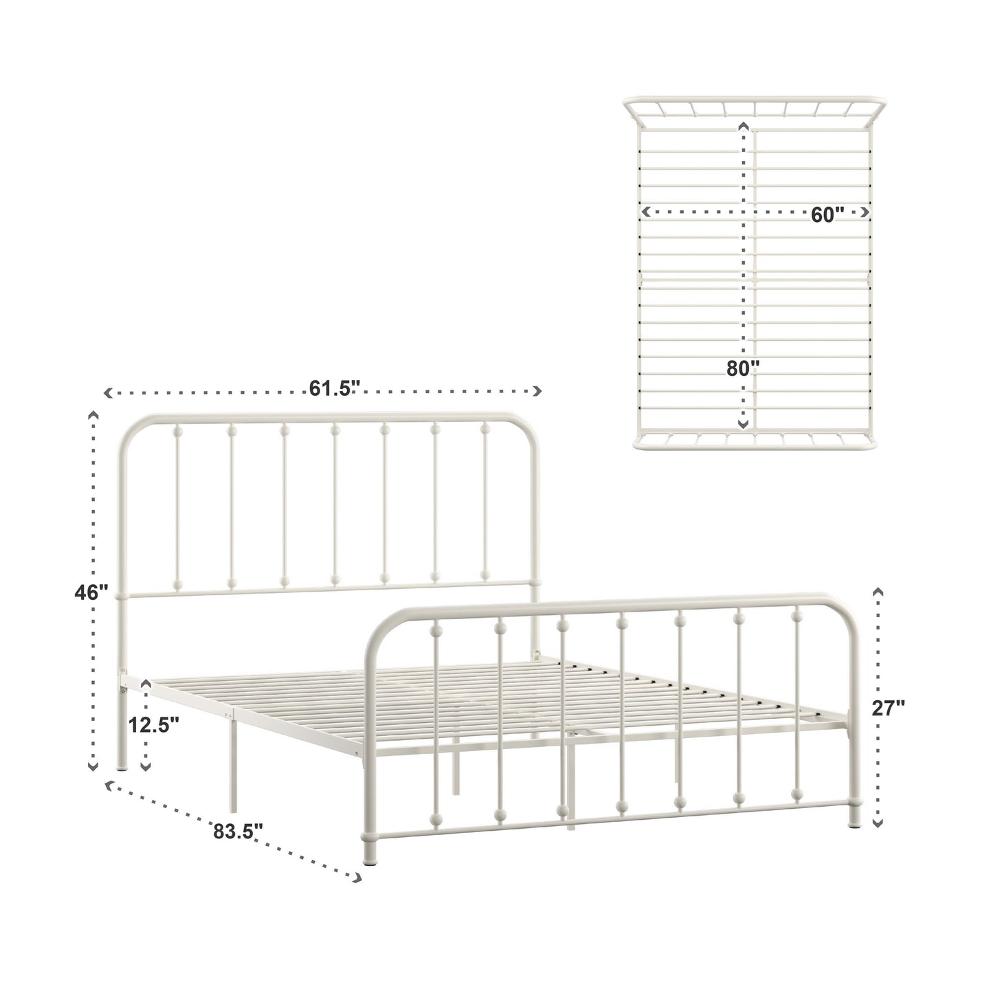 Beaded Spindle Metal Platform Bed - White, Queen Size (Queen Size)