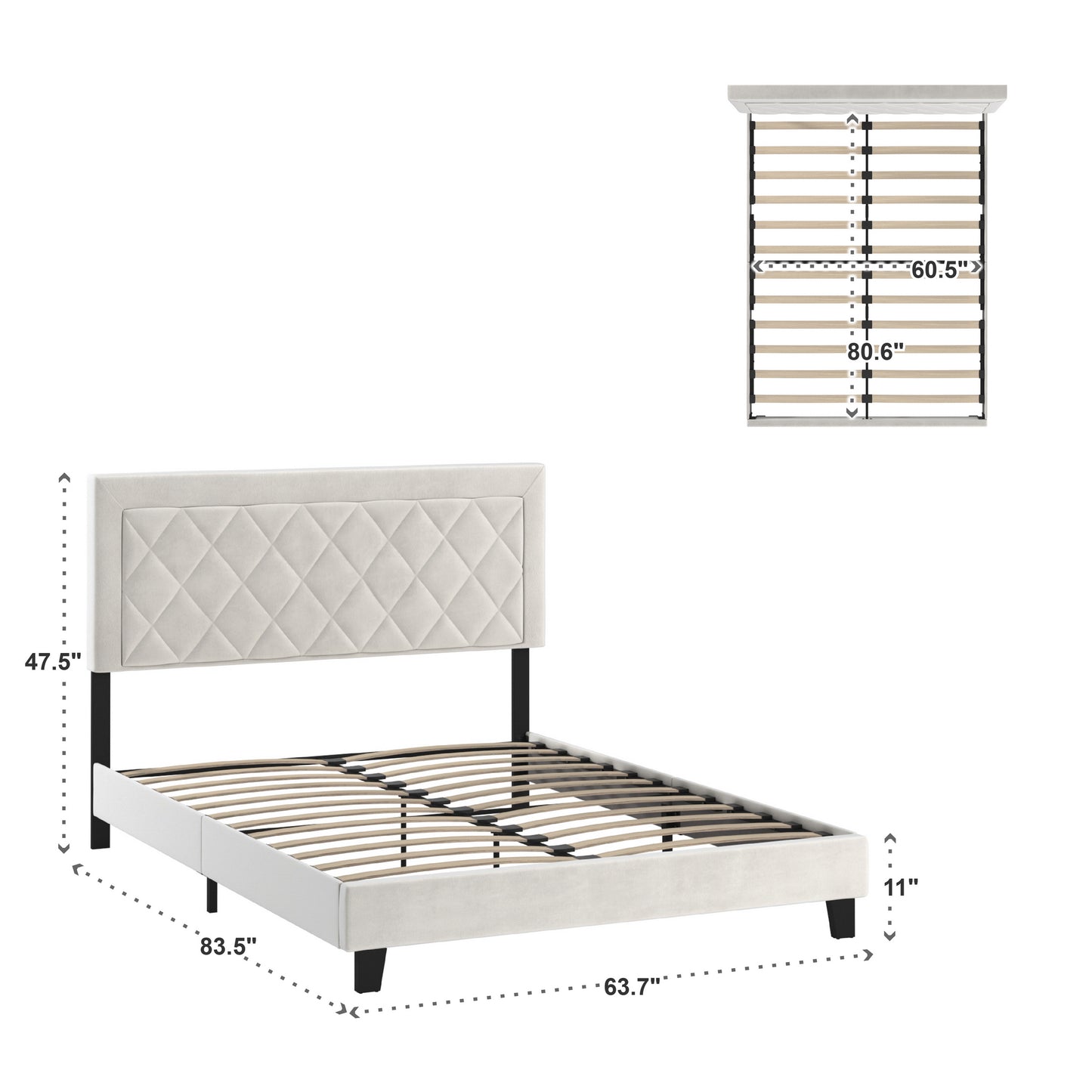 Black Finish Frame with Velvet Fabric Platform Bed - Cream White, Queen (Queen Size)