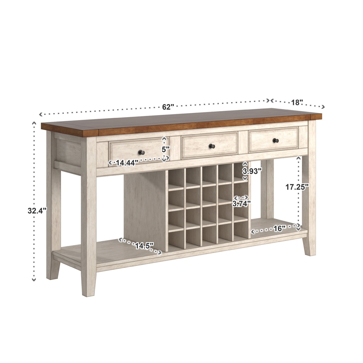 Two-Tone Wood Wine Rack Buffet Server - Oak Finish Top with Antique White Finish Base
