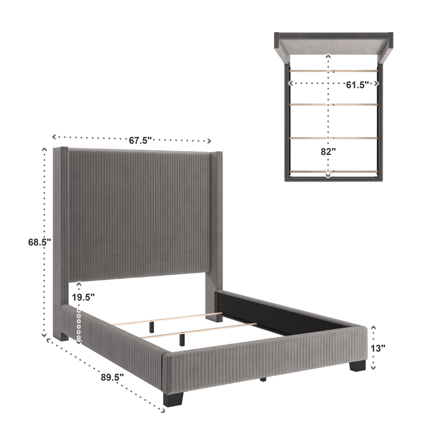 Pleated Velvet Wingback Bed - Gray, Queen (Queen Size)