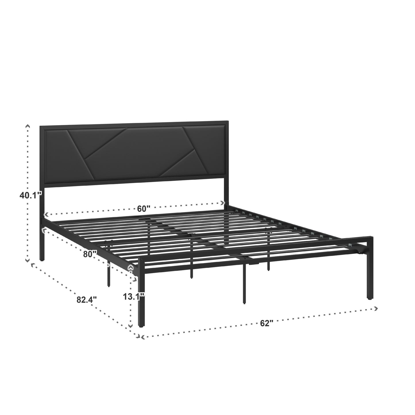 Metal Platform Bed with Geometric Headboard - Black, Queen (Queen Size)