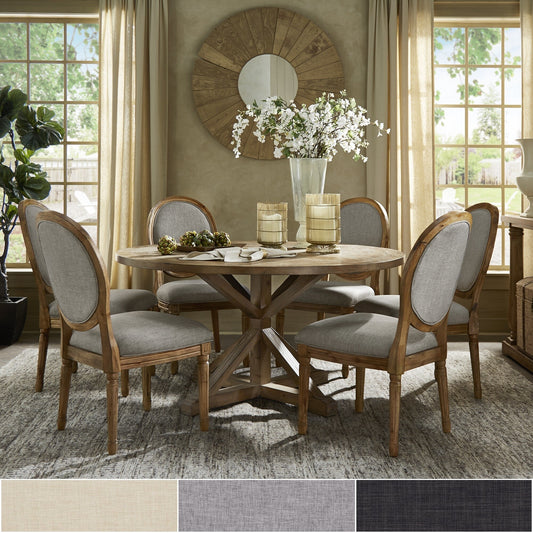 Round 7-Piece Dining Set - Beige Linen, Round Chair Backs