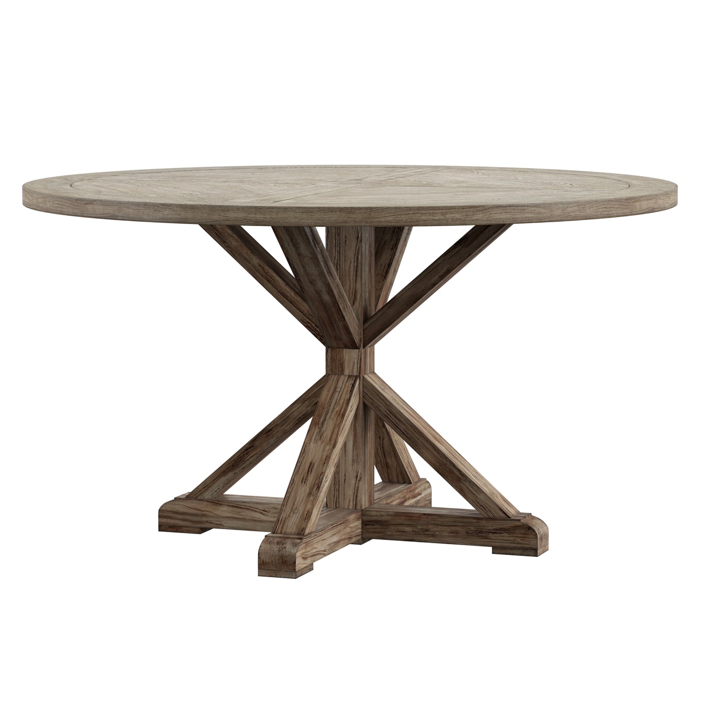 Rustic X-Base Round Pine Wood Dining Table - Antique Grey Finish, 54-inch