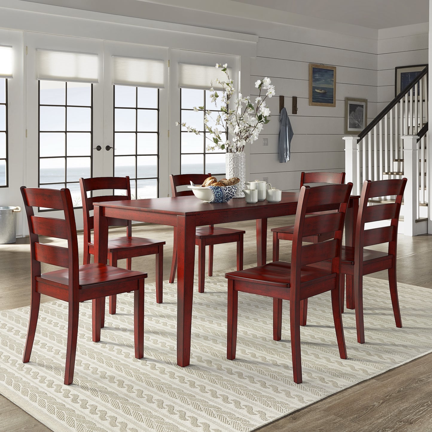 60-inch Rectangular Antique Berry Red Dining Set - Ladder Back Chairs, 7-Piece Set