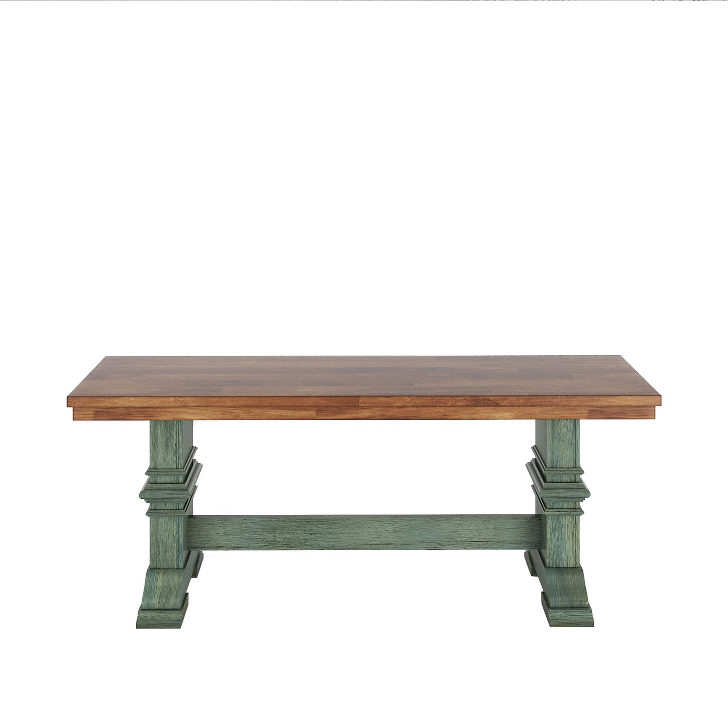 Two-Tone Trestle Leg Wood Dining Bench - Oak Top with Antique Sage Green Base