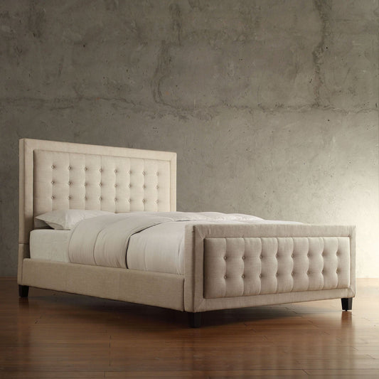 Square Button-Tufted Upholstered Bed with Footboard - Beige, King