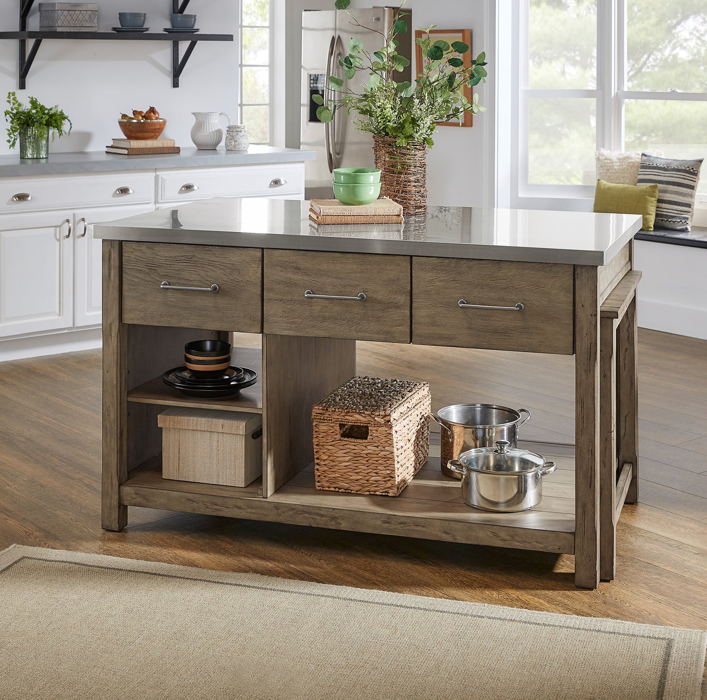 Reclaimed Look Extendable Kitchen Island - Antique Grey Finish, Stainless Steel Top