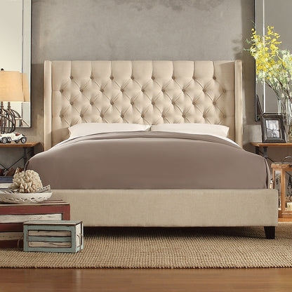 Wingback Button Tufted Bed - Beige Linen, Queen
