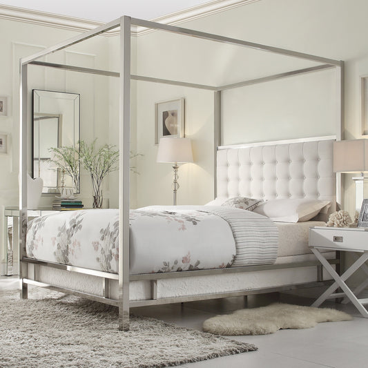 Metal Canopy Bed with Upholstered Headboard - Off-White Linen, Chrome Finish, King Size