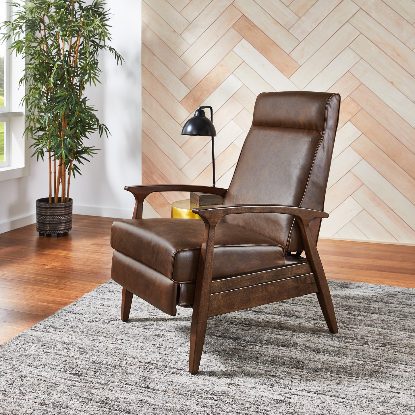 Wide Mid-Century Modern Recliner Walnut Finish and Brown