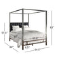 Metal Canopy Bed with Upholstered Headboard - Dark Grey Linen, Black Nickel Finish, Queen Size