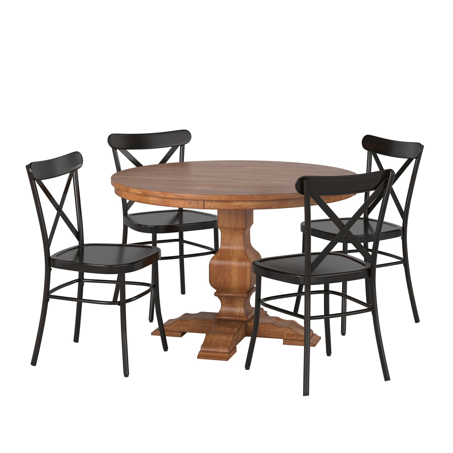 Oak Round Solid Wood Top 5-Piece Dining Set with X-Cross Back Chairs - Antique Black Finish Chairs