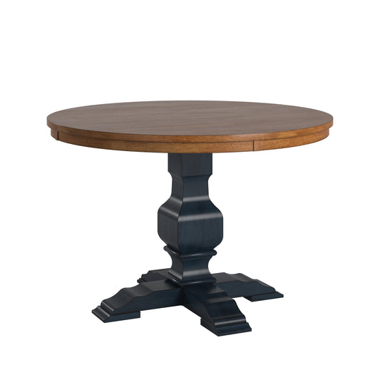 Two-Tone Round Solid Wood Top Dining Table - Oak Top with Antique Denim Blue Base