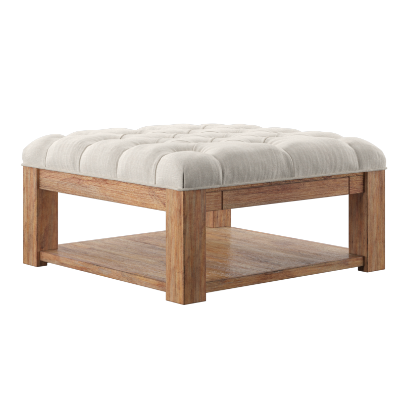 Pine Square Storage Ottoman Coffee Table - Beige Linen, Button Tufts