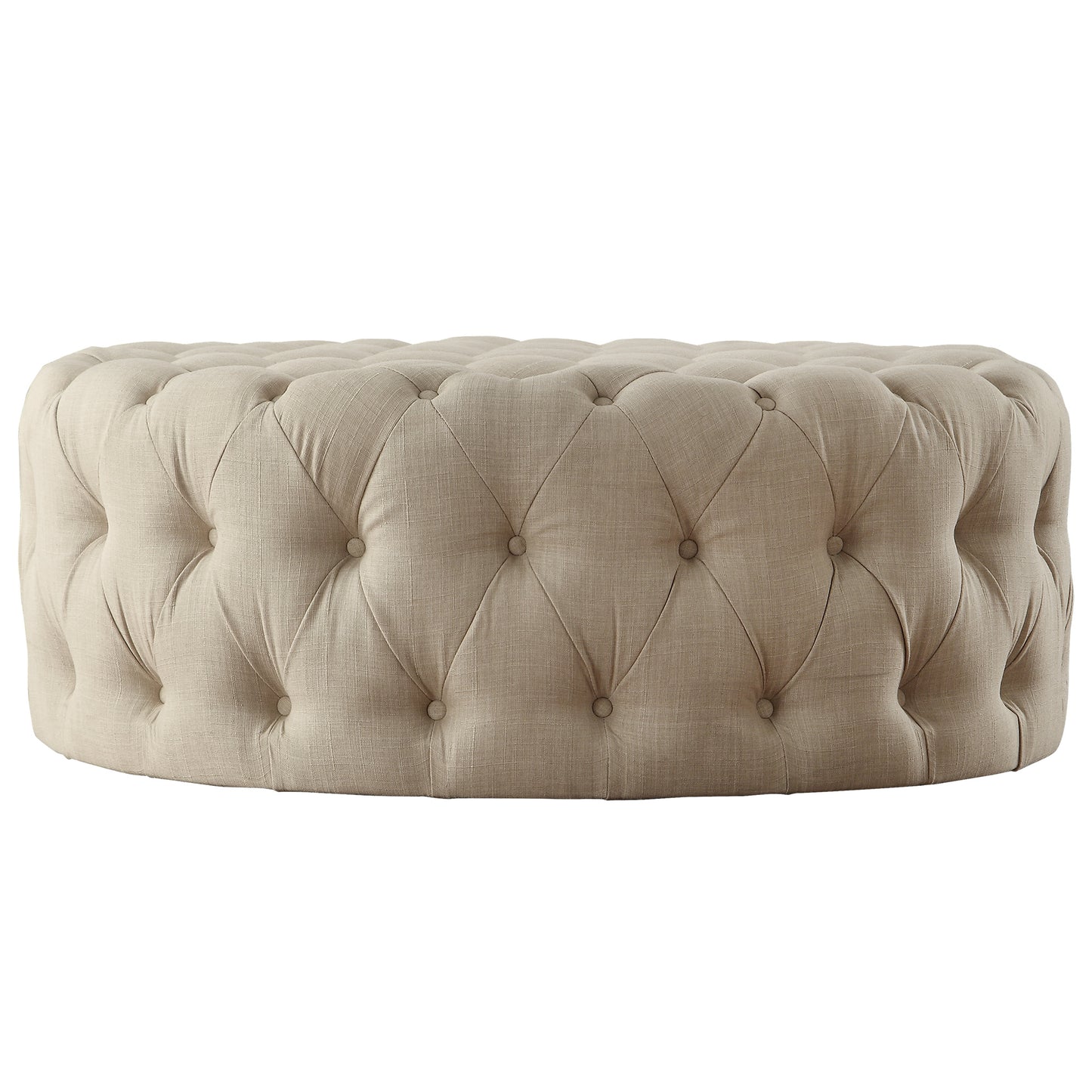 Round Tufted Ottoman with Casters - Beige Linen