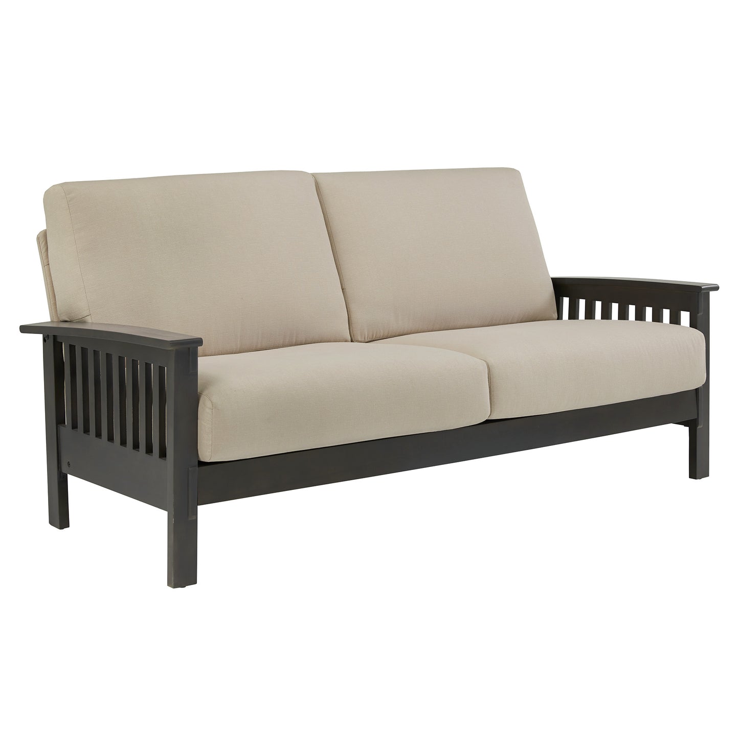 Mission-Style Wood Sofa - Beige Linen, Dark Grey Finish