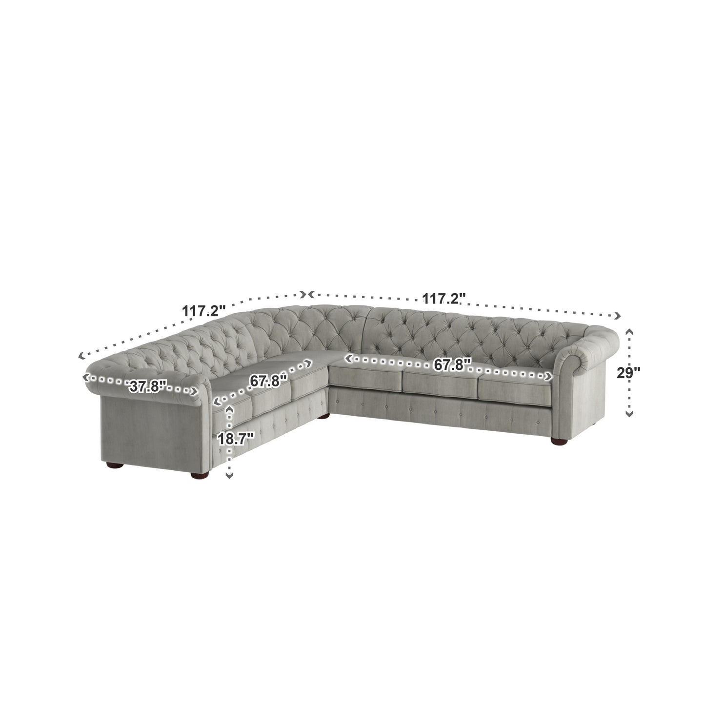 7-Seat L-Shaped Chesterfield Sectional Sofa - Grey Velvet