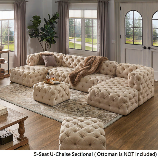 Beige Linen Tufted Chesterfield Modular Sectional - 5-Seat, U-Shaped Chaise Sectional