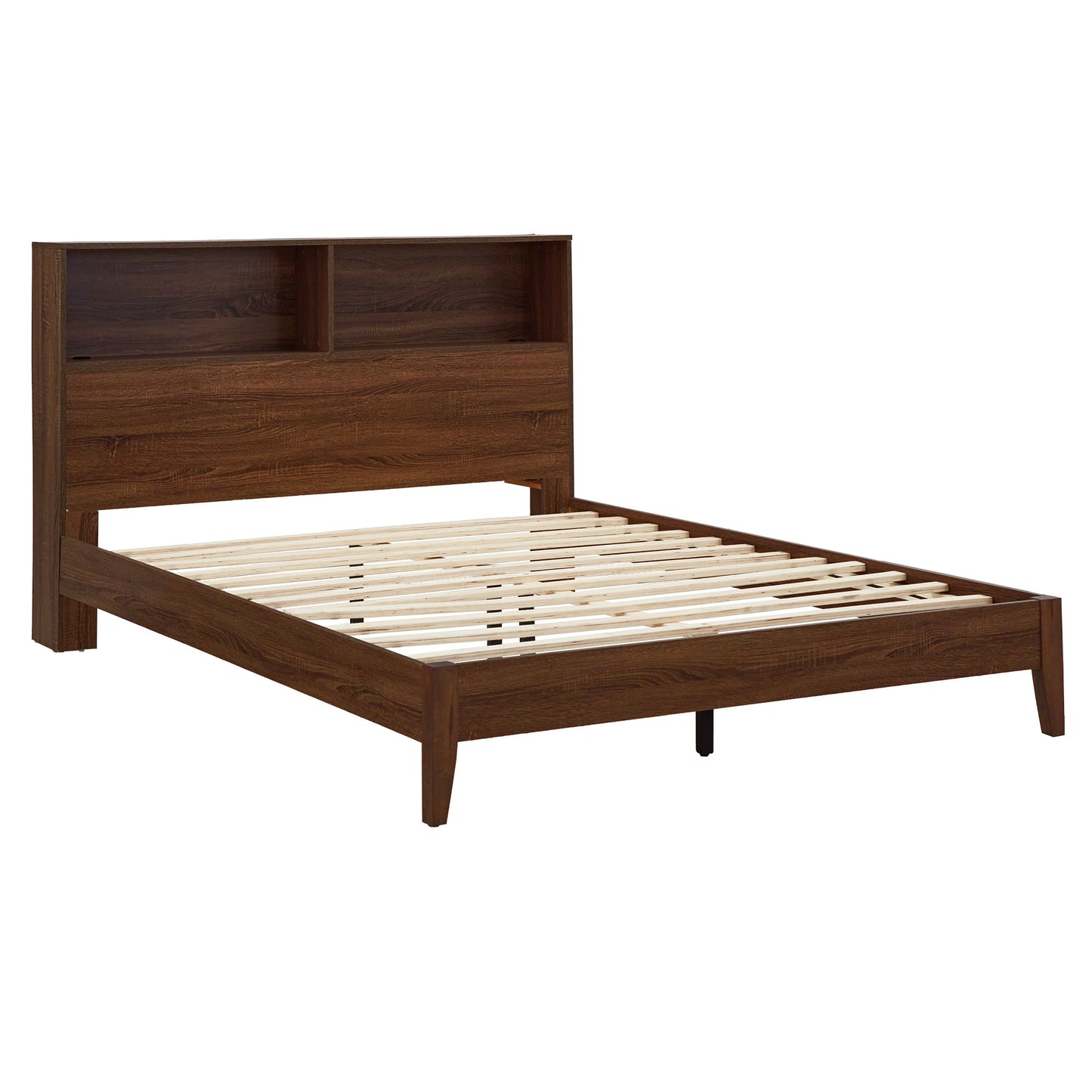 Bookcase Platform Bed with USBs - Cherry Finish, Queen Size