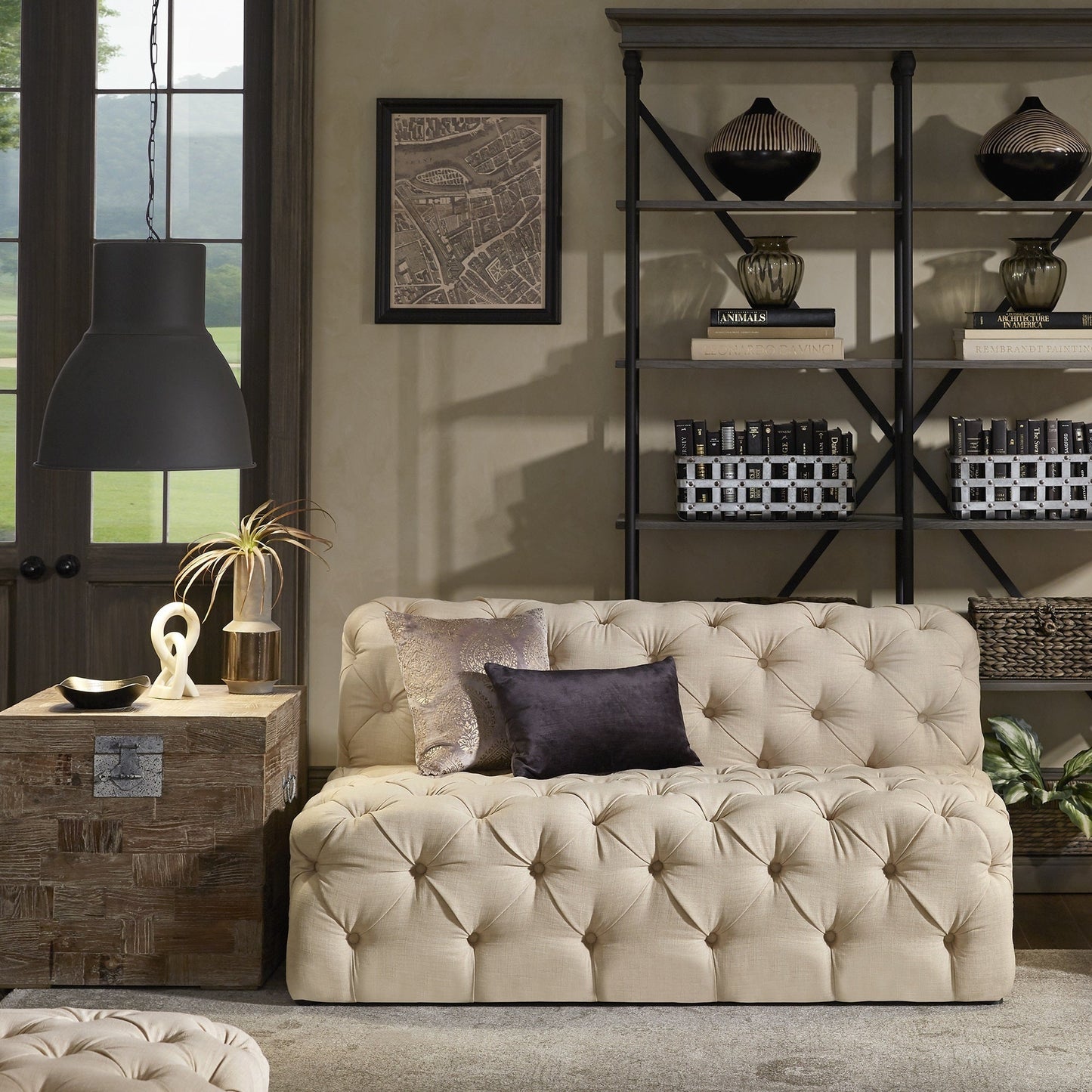 Beige Linen Tufted Chesterfield Modular Sectional - 4-Seat, U-Shaped Chaise Sectional
