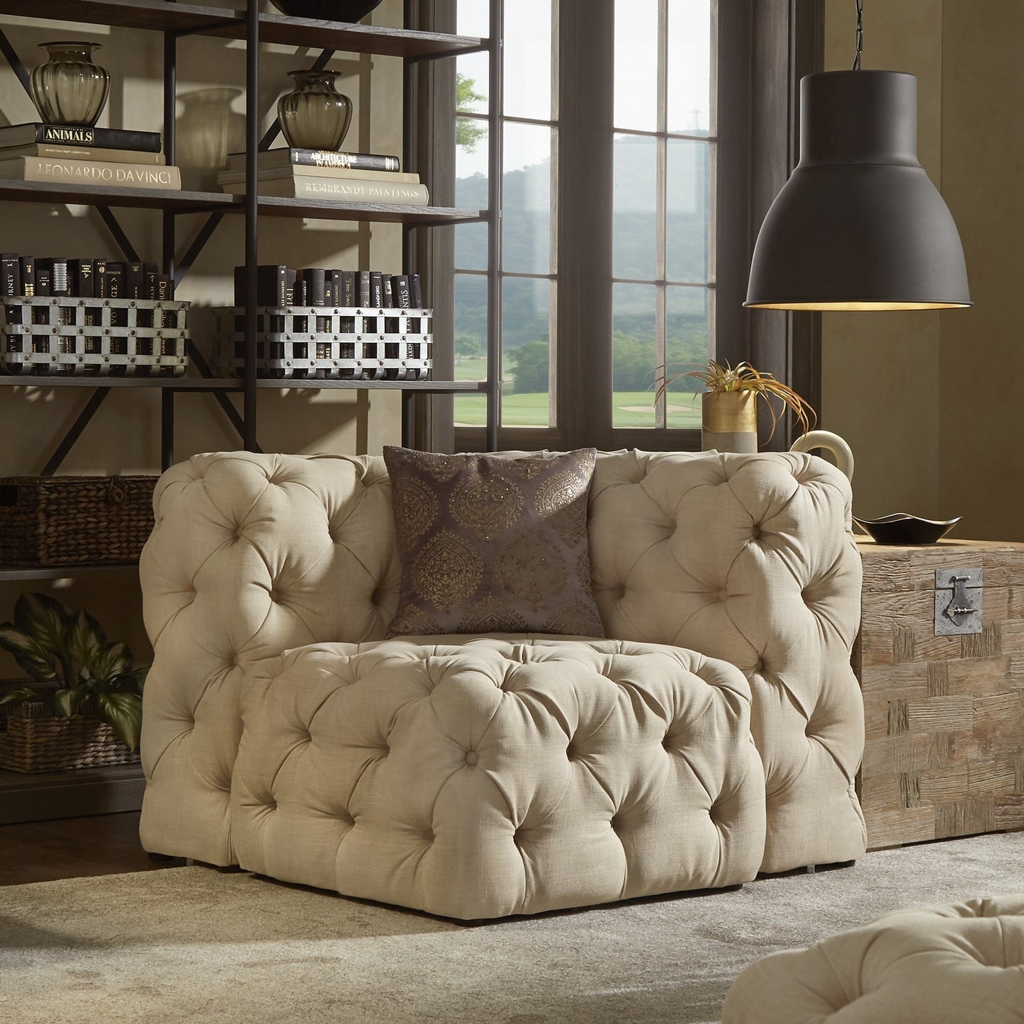 Beige Linen Tufted Chesterfield Modular Sectional - 6-Seat, L-Shaped, Single Arm Sectional