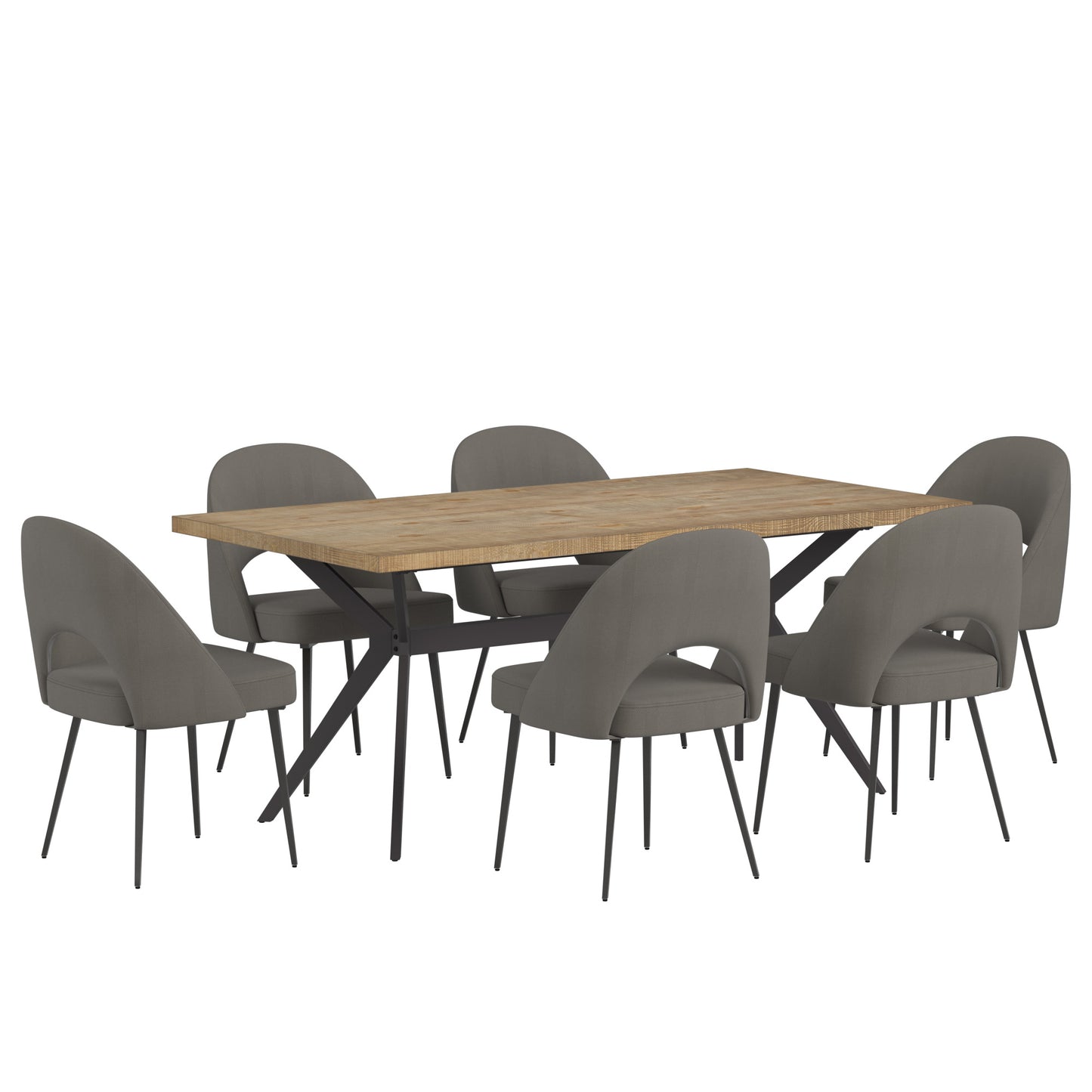 Wood Finish Dining Table with Upholstered Chairs Set - Line Pine Finish Table and Dark Grey Herringbone Fabric Chairs