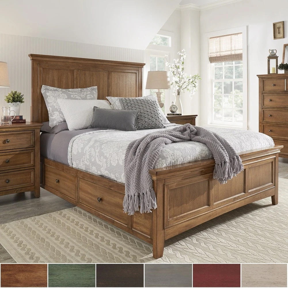 Wood Panel Platform Storage Bed - Oak Finish, 2 Sides of Storage with 4 Drawers, Queen Size