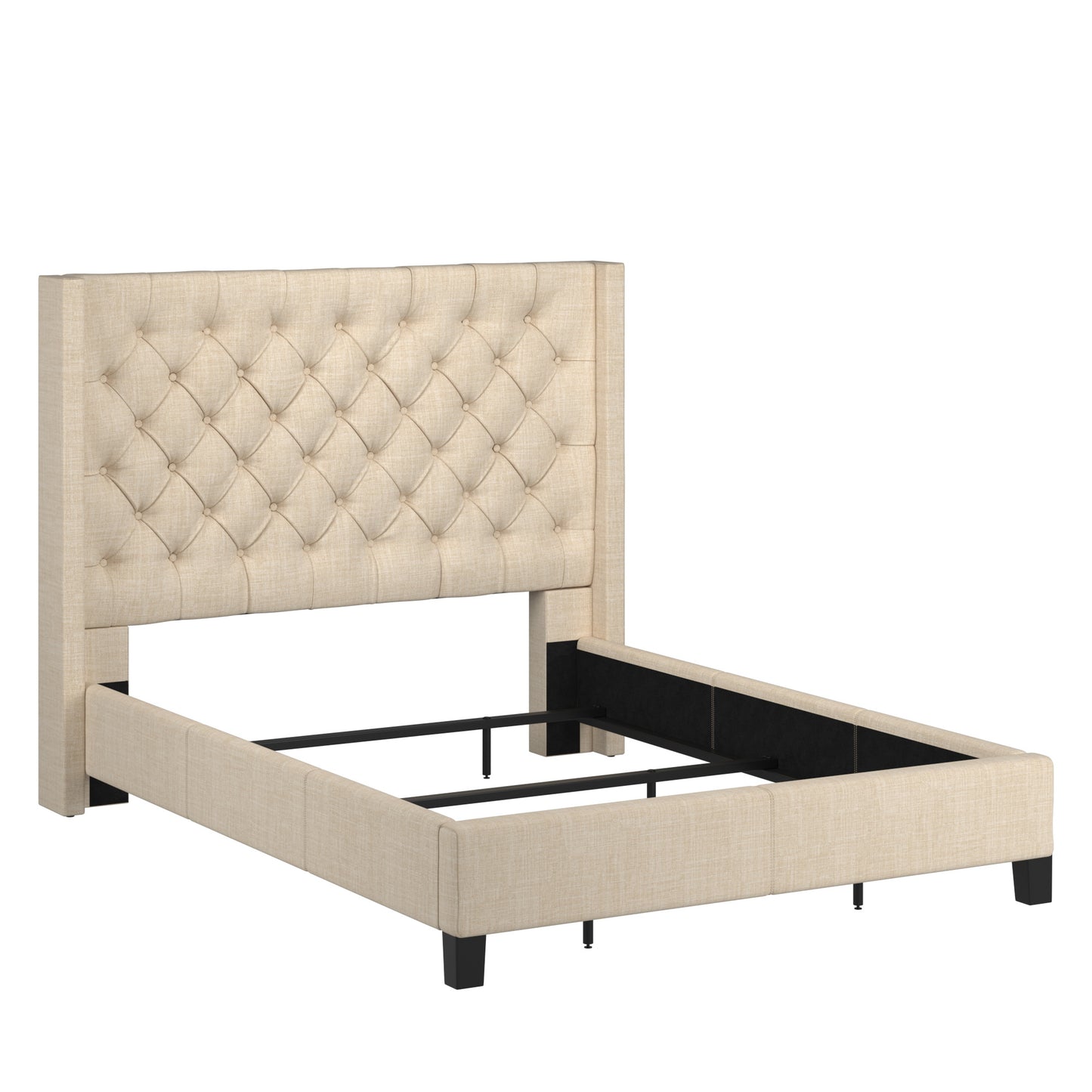 Wingback Button Tufted Bed - Beige Linen, Full