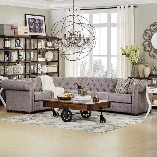 6-Seat L-Shaped Chesterfield Sectional Sofa - Grey Linen