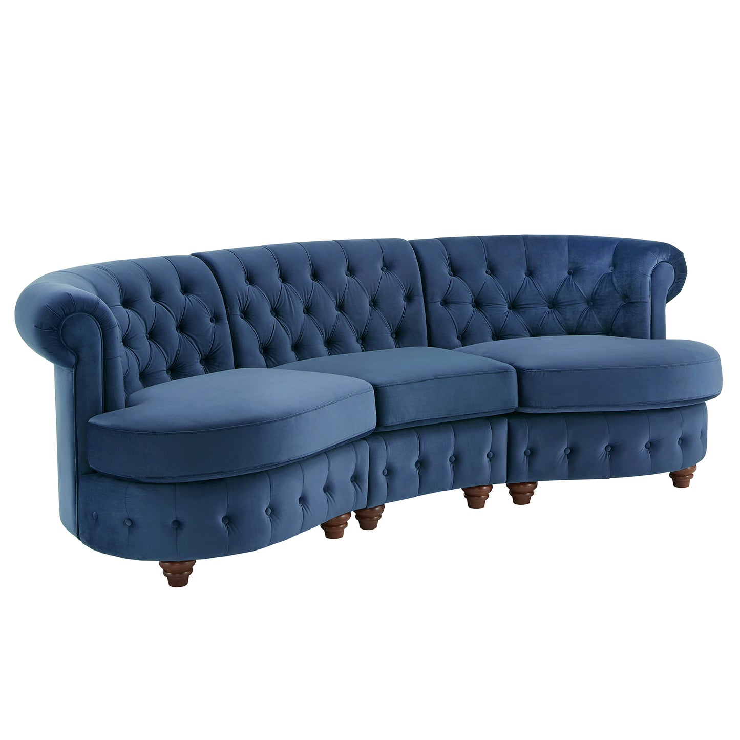 Tufted Scroll Arm Chesterfield Curved Sofa - Blue Velvet