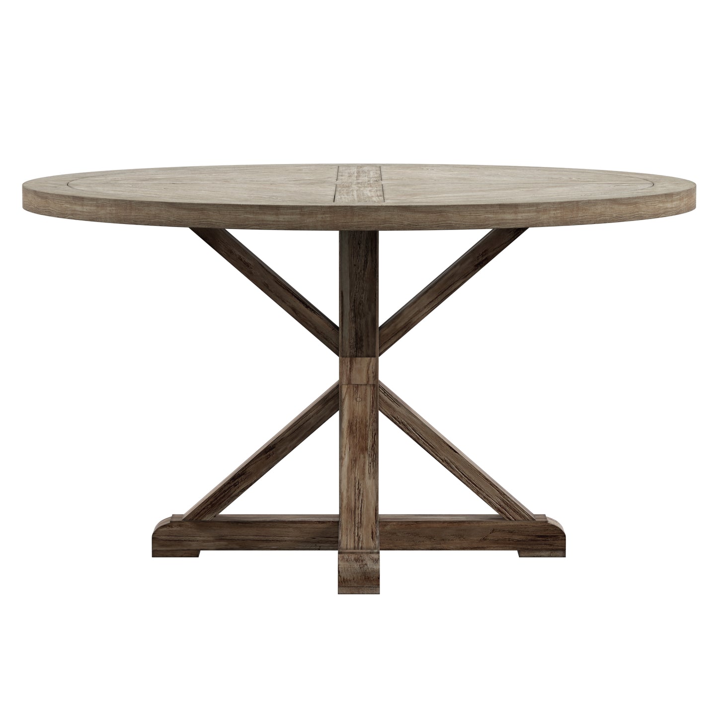 Rustic X-Base Round Pine Wood Dining Table - Antique Grey Finish, 54-inch