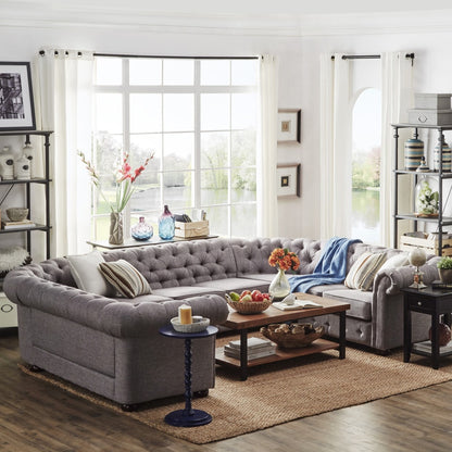 9-Seat U-Shaped Chesterfield Sectional Sofa - Grey Linen