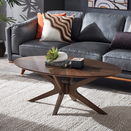 Mid-Century Walnut Finish Oval Coffee Table - Coffee Table Only
