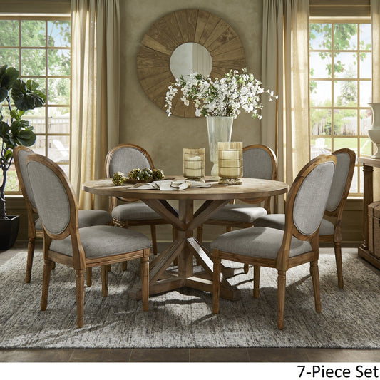 Round 7-Piece Dining Set - Grey Linen, Round Chair Backs