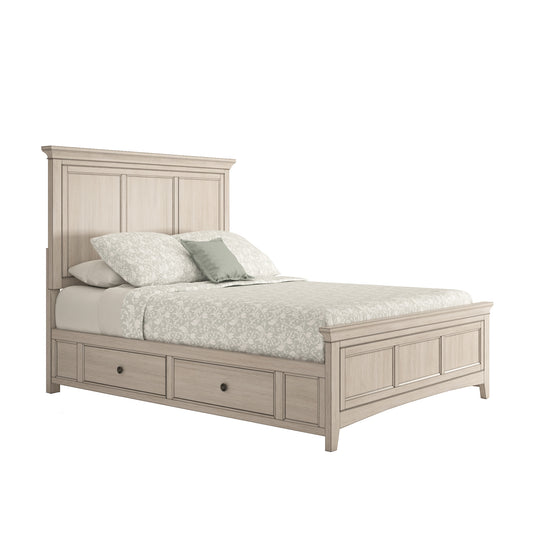 Wood Panel Platform Storage Bed - Antique White Finish, 2 Sides of Storage with 4 Drawers, Queen Size