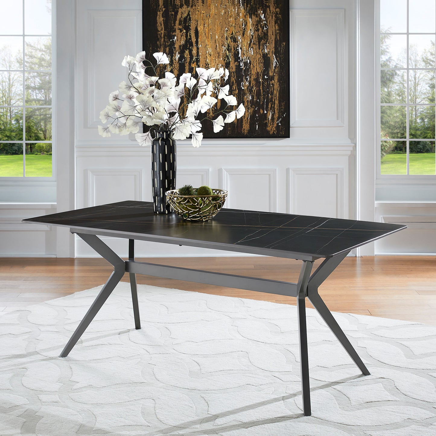 70" Iron Grey Metal Base 4-6 Person Dining Table - Black Sintered Stone Top