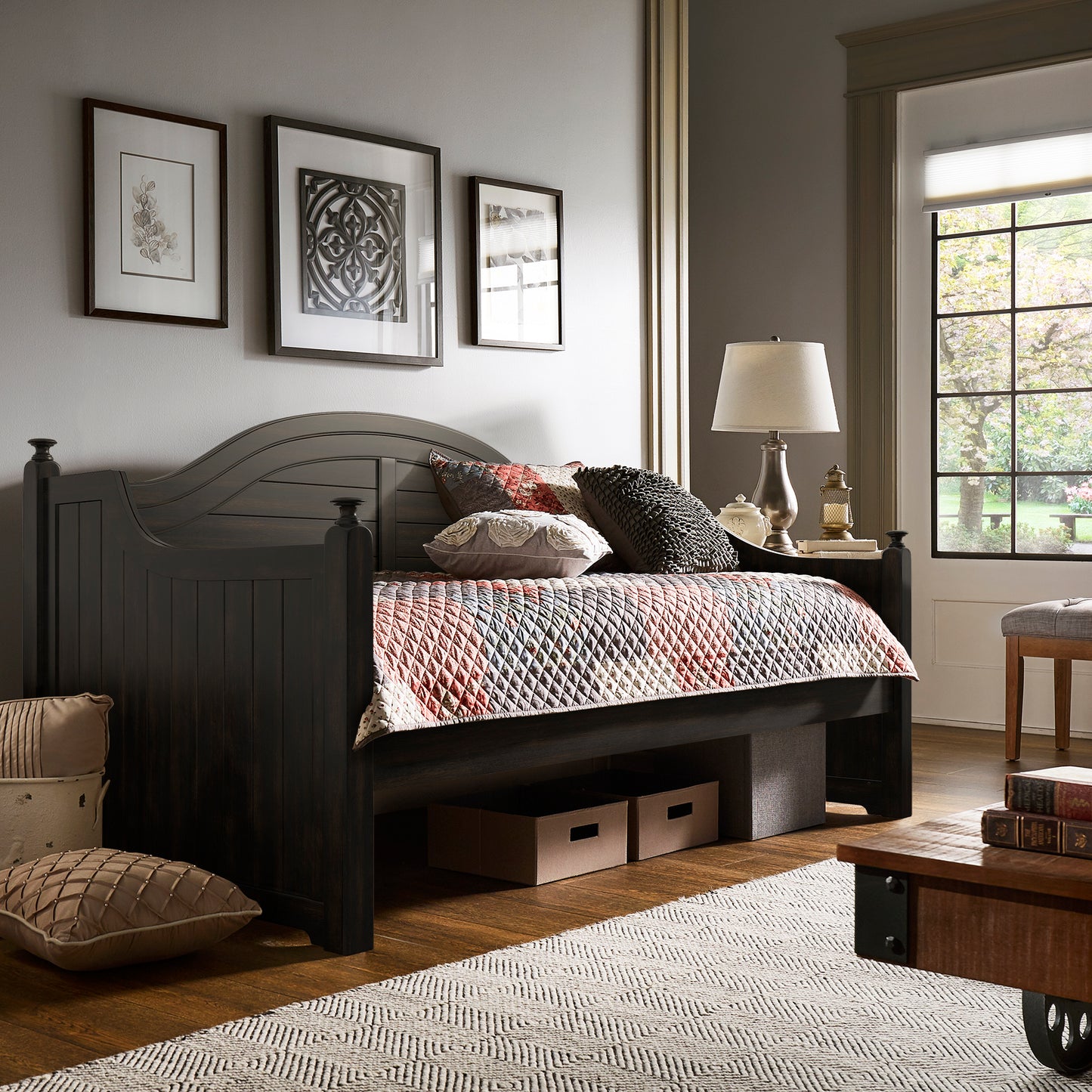 Traditional Paneled Wood Daybed - Antique Black, No Trundle