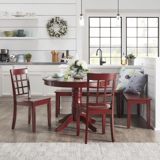 Wood 5-Piece Breakfast Nook Set - Antique Berry Red Finish, Window Back, Round Table