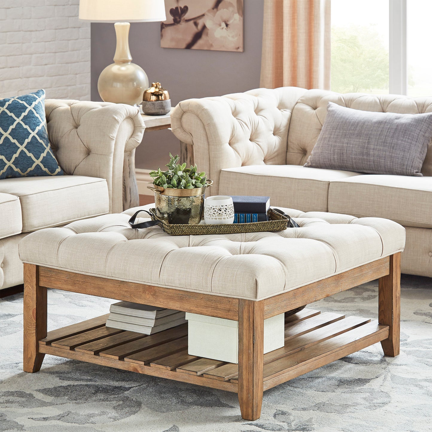 Pine Planked Storage Ottoman Coffee Table - Beige Linen, Dimpled Tufted