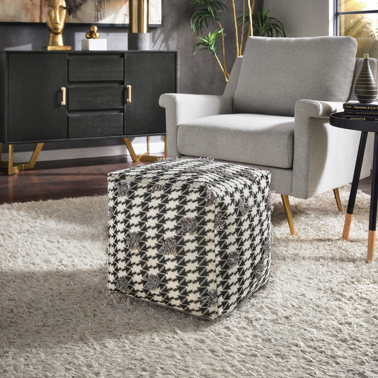 Upholstered Square Pouf Ottoman - Black & White Houndstooth Pattern Fabric With Fringe