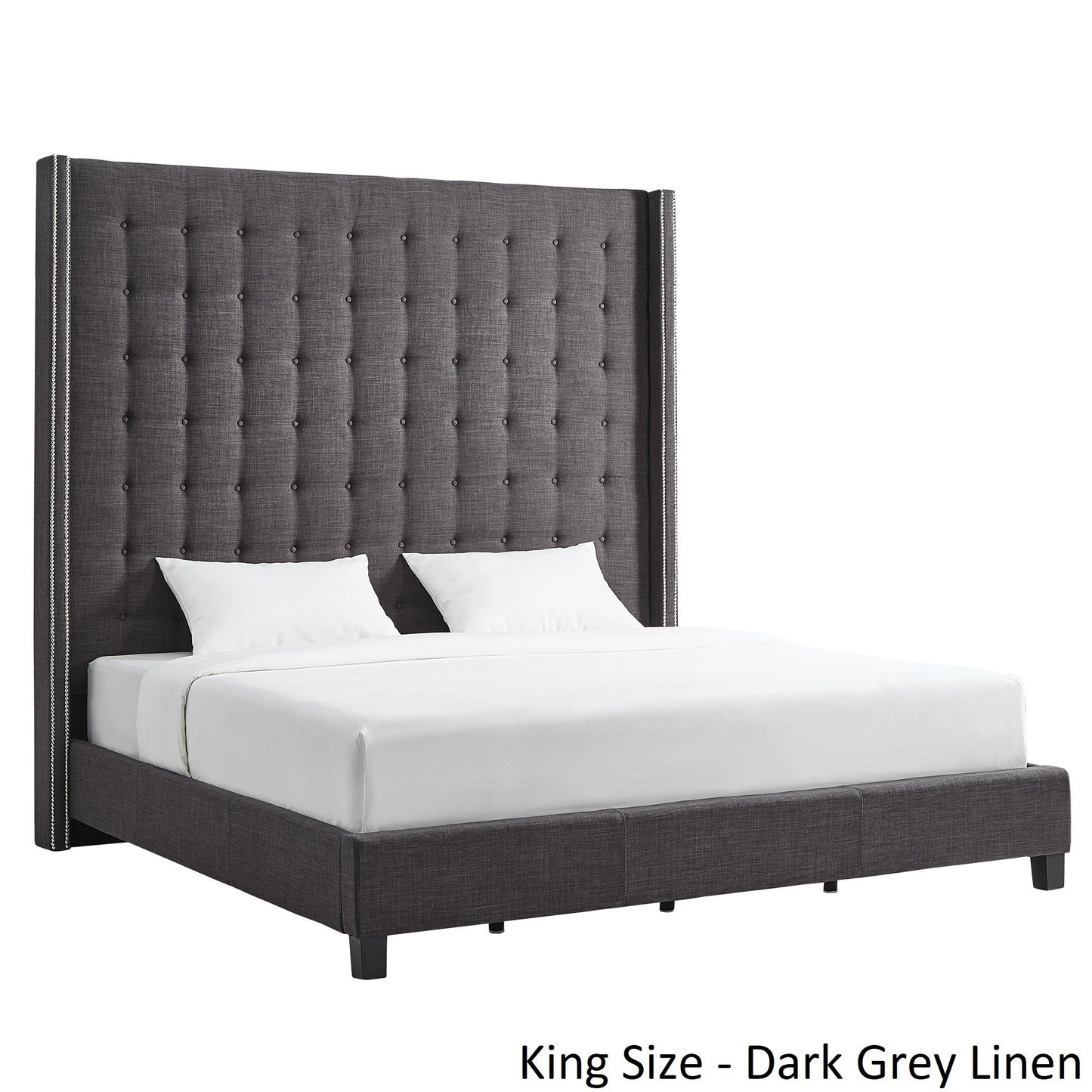 Nailhead Wingback Tufted 84" Tall Headboard Bed - Dark Grey Linen, 84-inch Headboard, King Size