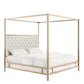Metal Canopy Bed with Upholstered Headboard - Off-White Linen, Champagne Gold Finish, King Size
