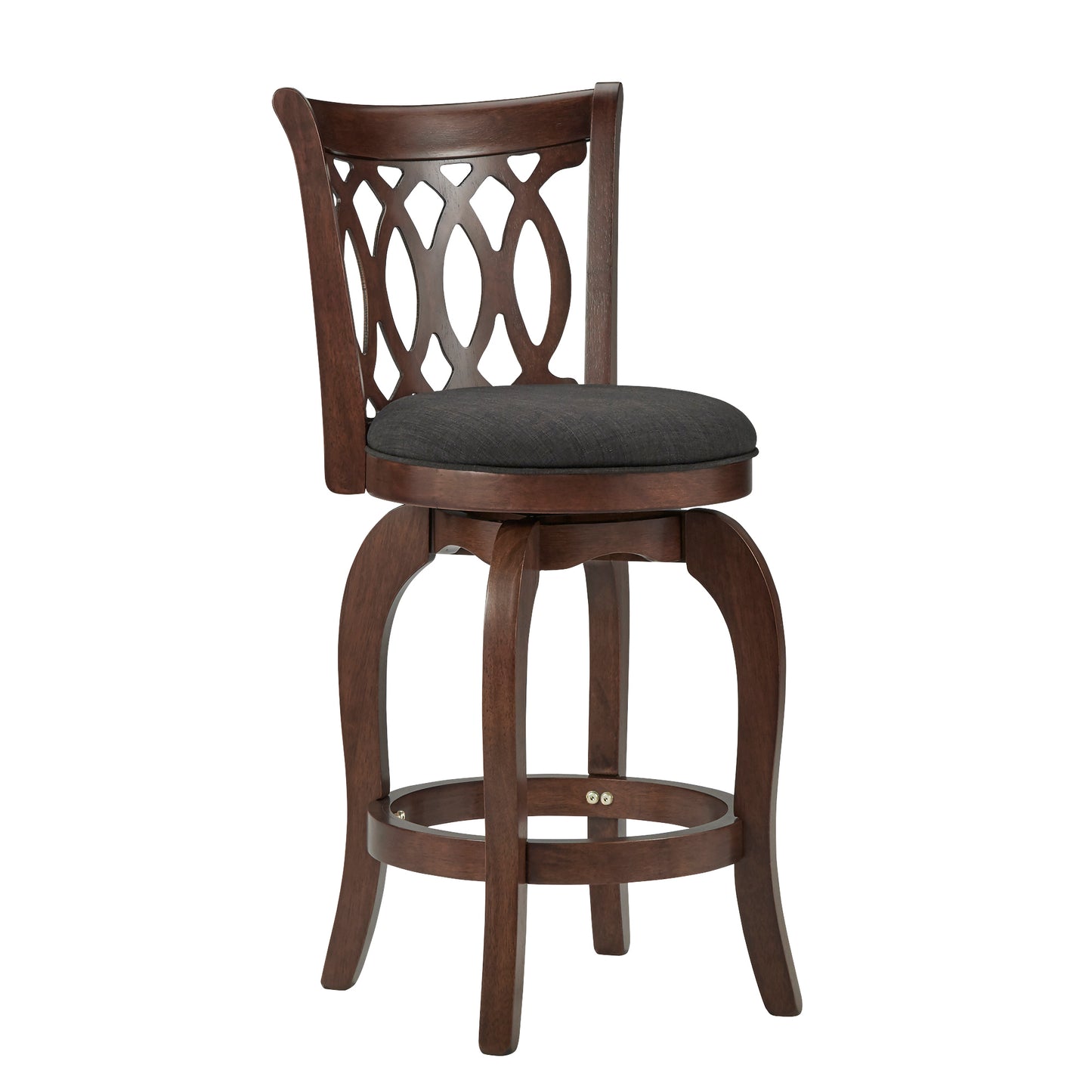 Scroll Back Swivel Stool - 24" Counter Height, Cherry Finish, Dark Gray Linen