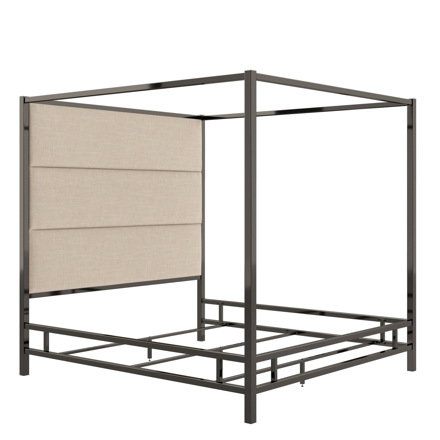 Metal Canopy Bed with Linen Panel Headboard - Off-White Linen, Black Nickel Finish, King Size