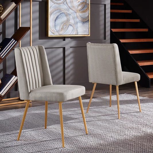 Gold Finish Fabric Dining Chairs (Set of 2) - Light Grey Fabric